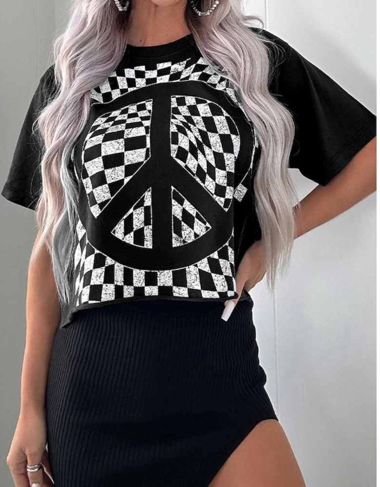 Black Checkerboard Peace Sign Printed Round Neck T Shirt
