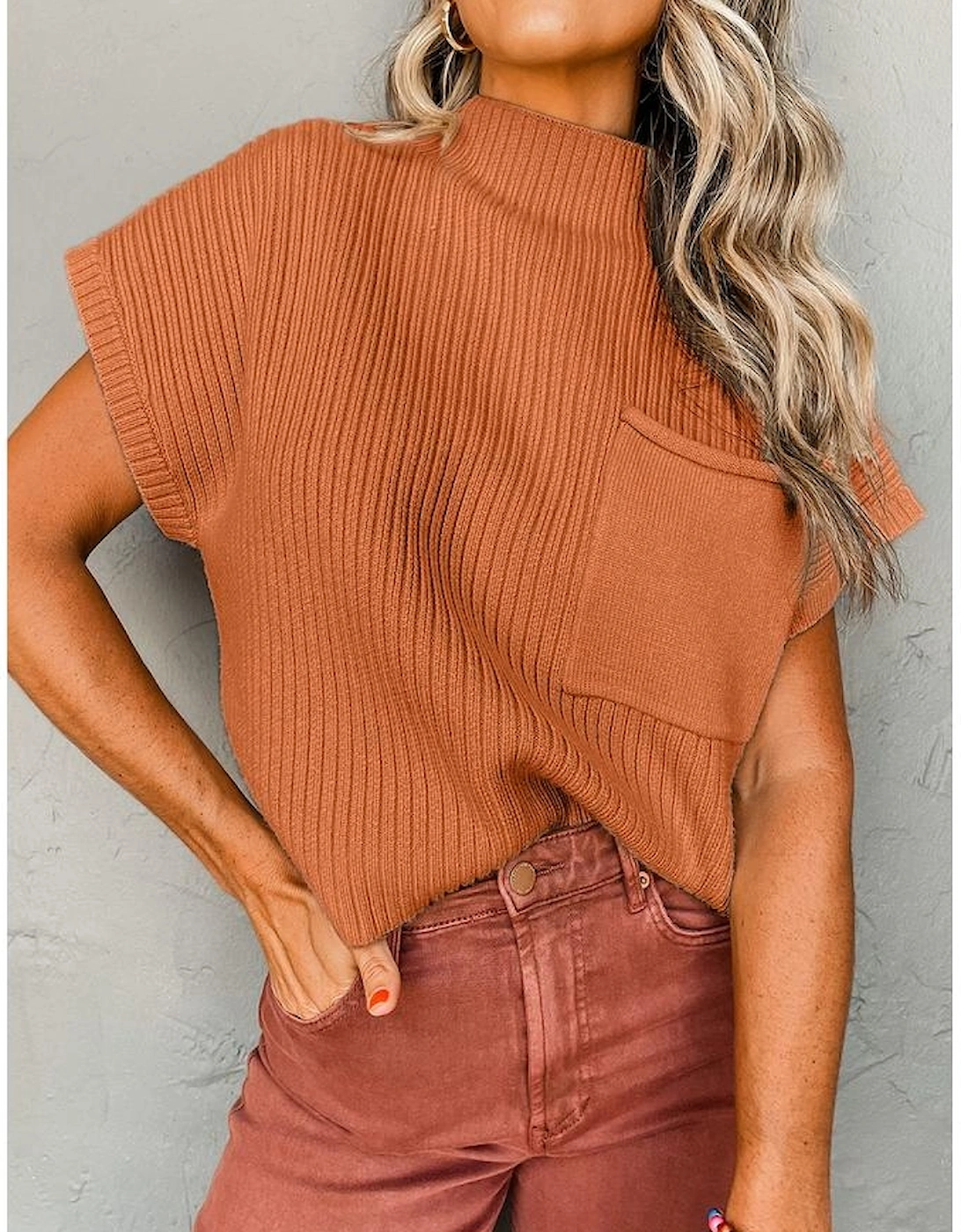 Gold Flame Patch Pocket Ribbed Knit Short Sleeve Sweater