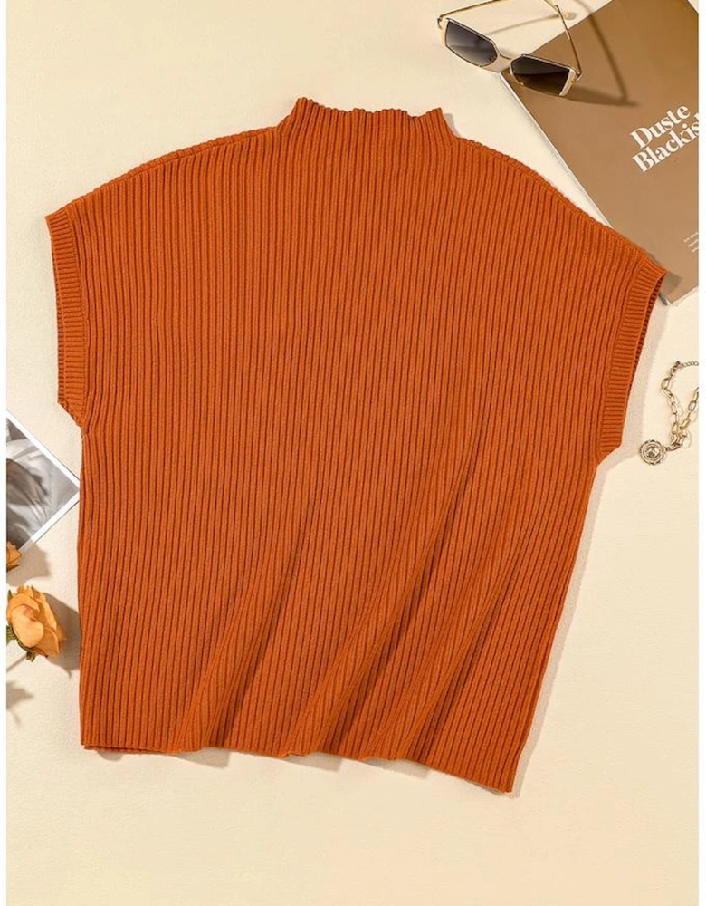 Gold Flame Patch Pocket Ribbed Knit Short Sleeve Sweater