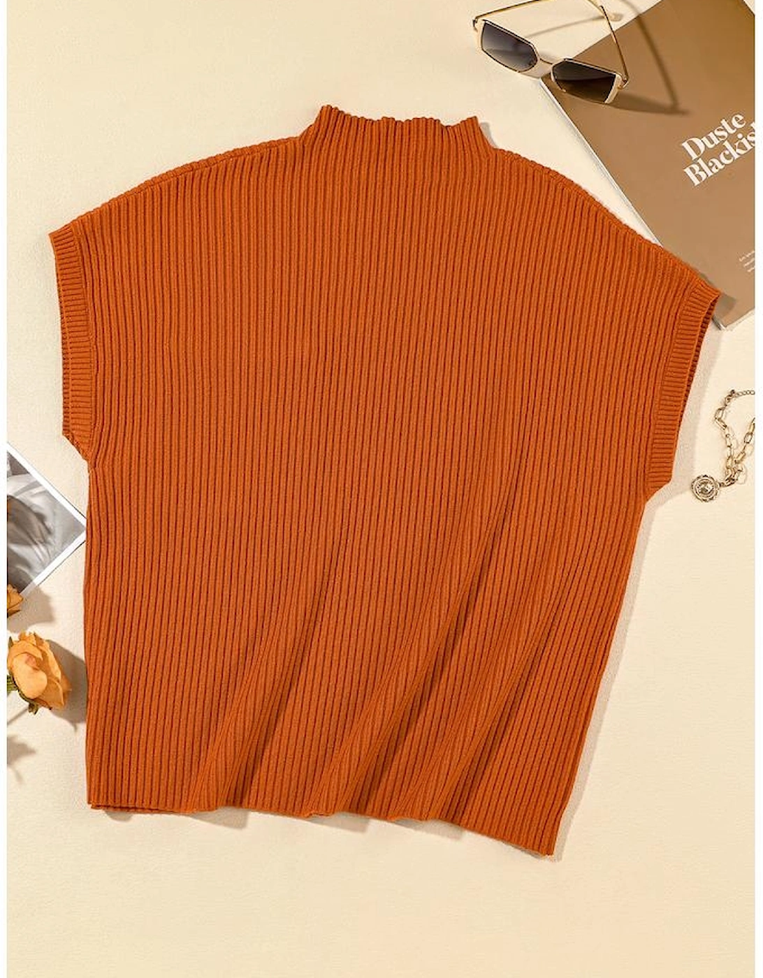 Gold Flame Patch Pocket Ribbed Knit Short Sleeve Sweater