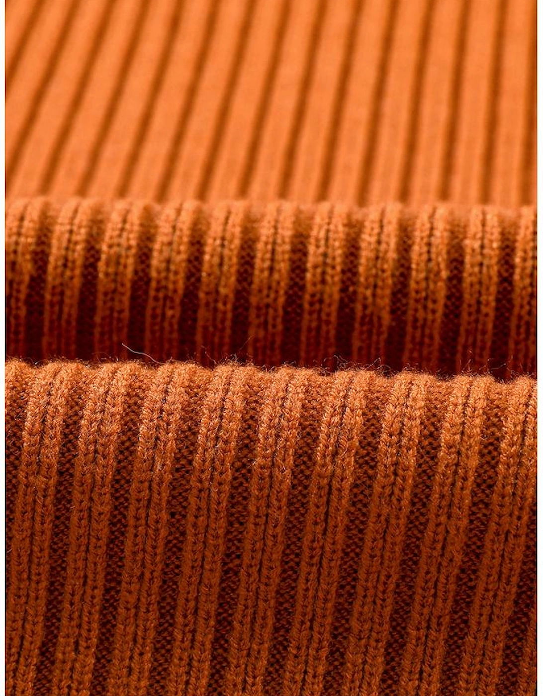 Gold Flame Patch Pocket Ribbed Knit Short Sleeve Sweater