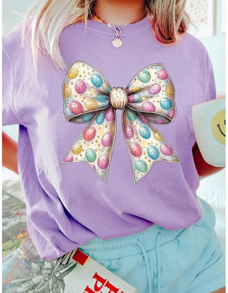 Wisteria Celebrative Easter Eggs Bow Print Casual T Shirt