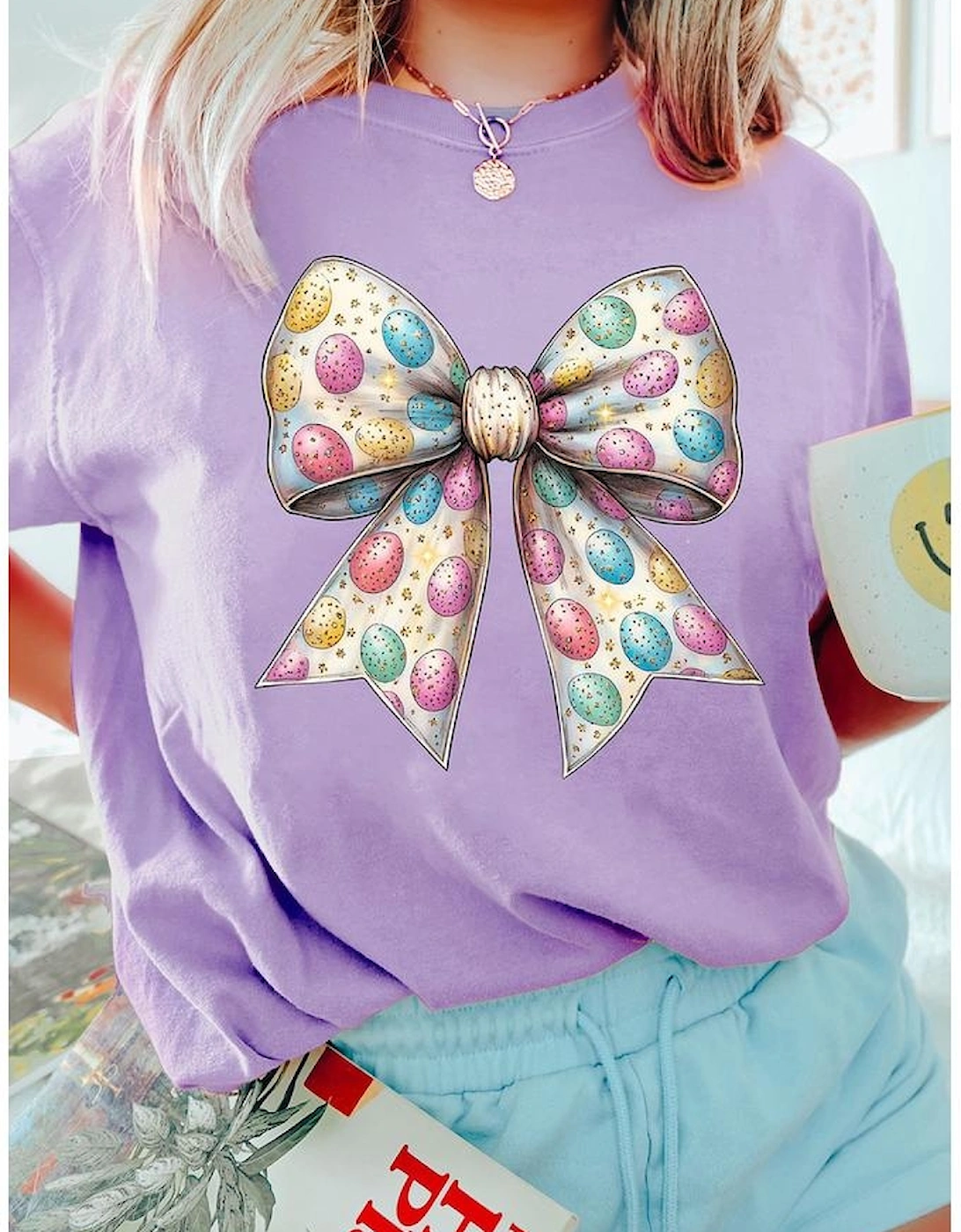 Wisteria Celebrative Easter Eggs Bow Print Casual T Shirt