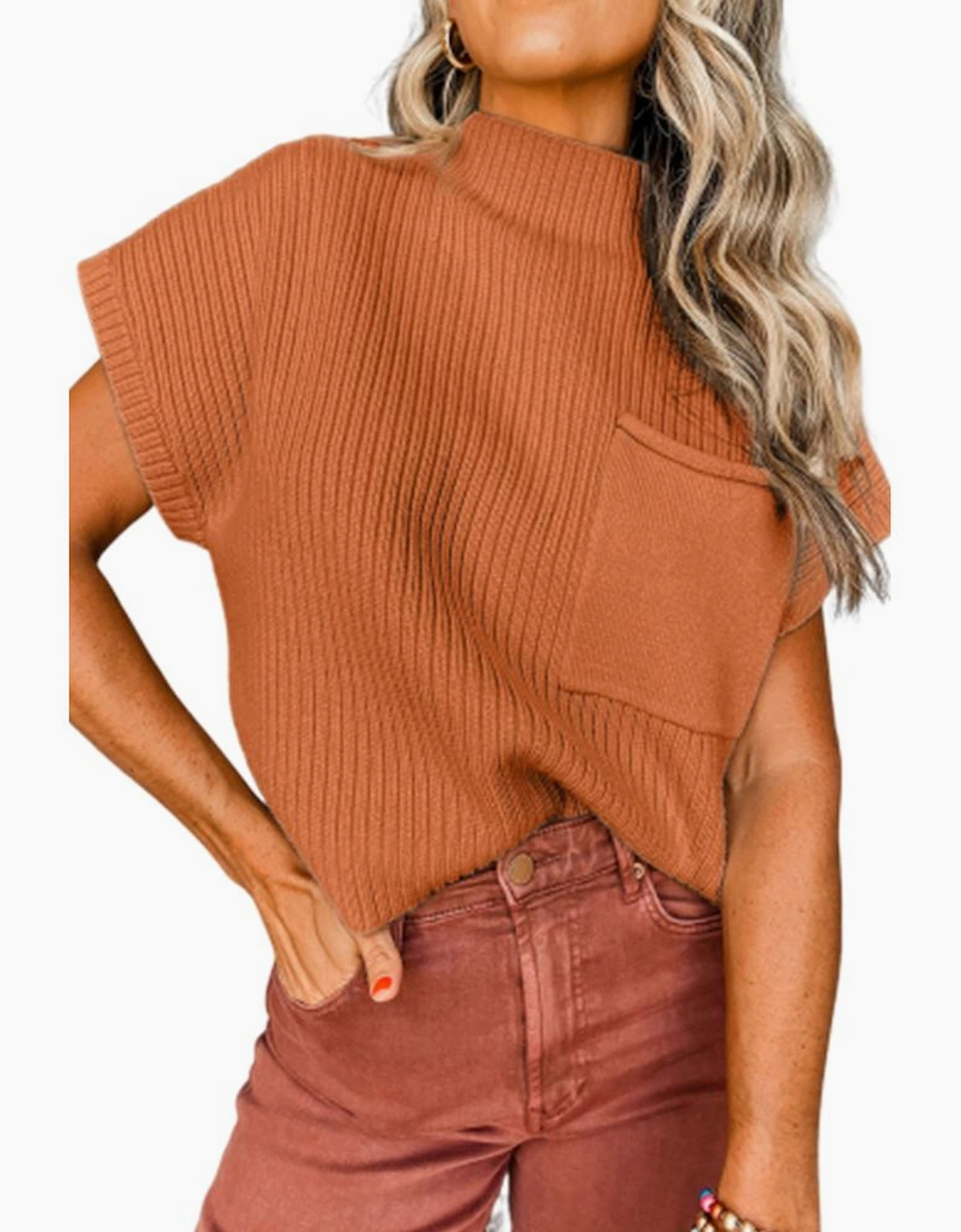 Gold Flame Patch Pocket Ribbed Knit Short Sleeve Sweater