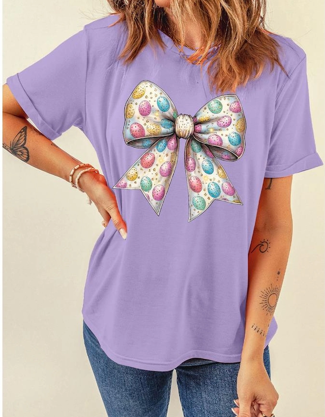 Wisteria Celebrative Easter Eggs Bow Print Casual T Shirt, 6 of 5