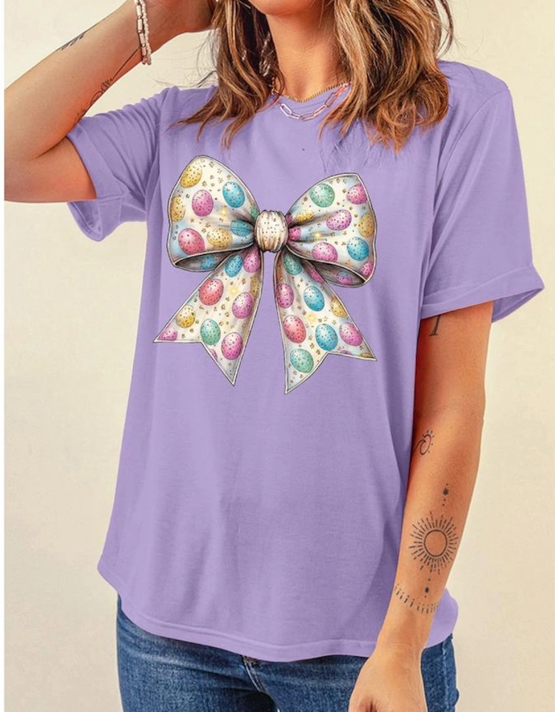 Wisteria Celebrative Easter Eggs Bow Print Casual T Shirt
