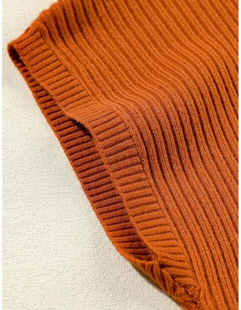 Gold Flame Patch Pocket Ribbed Knit Short Sleeve Sweater