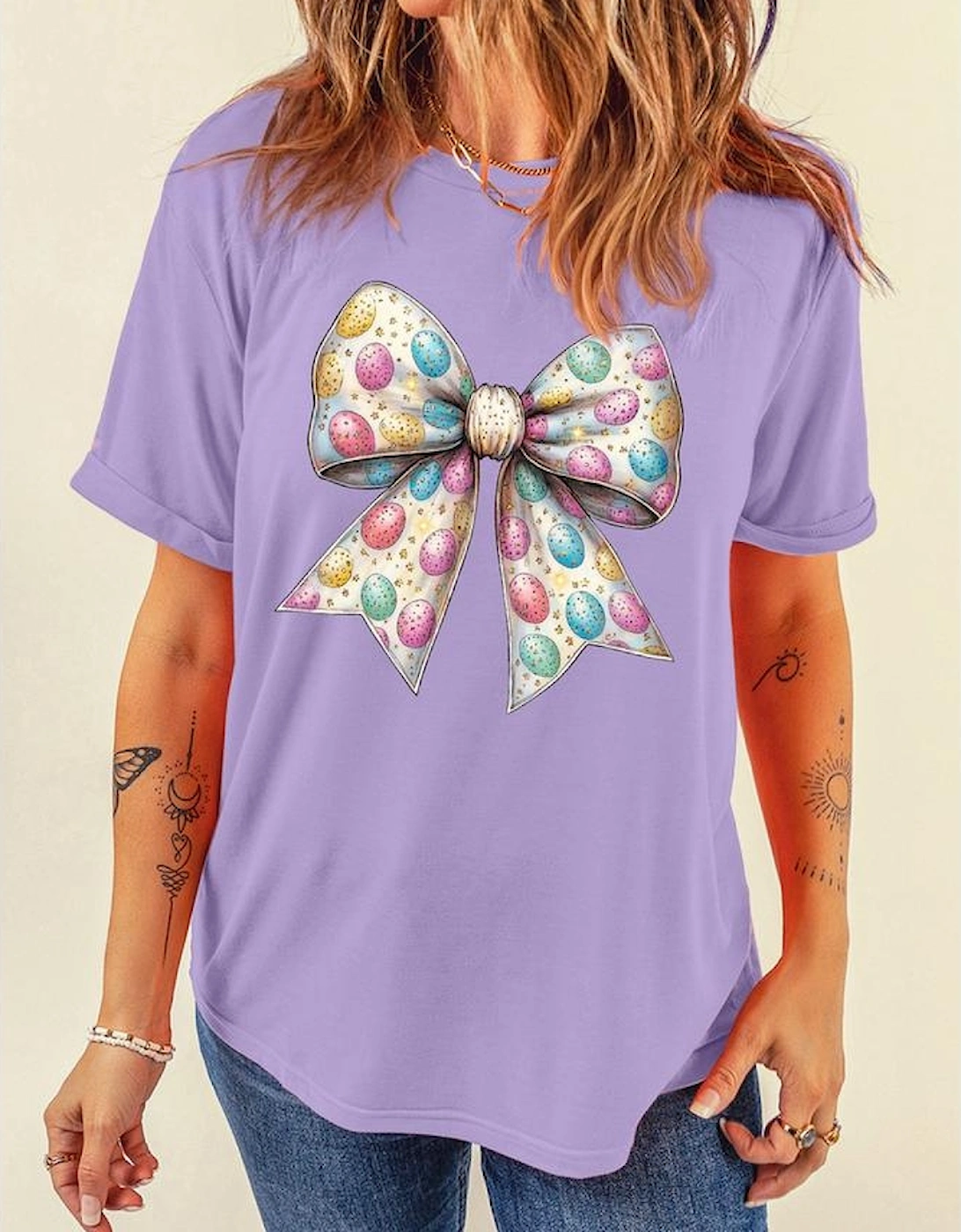 Wisteria Celebrative Easter Eggs Bow Print Casual T Shirt