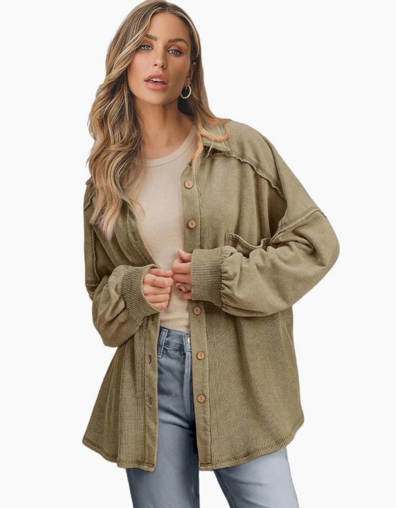 Moss Green Waffle Knit Patchwork Buttoned Oversized Shacket
