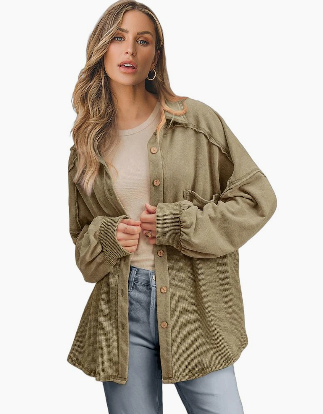 Moss Green Waffle Knit Patchwork Buttoned Oversized Shacket