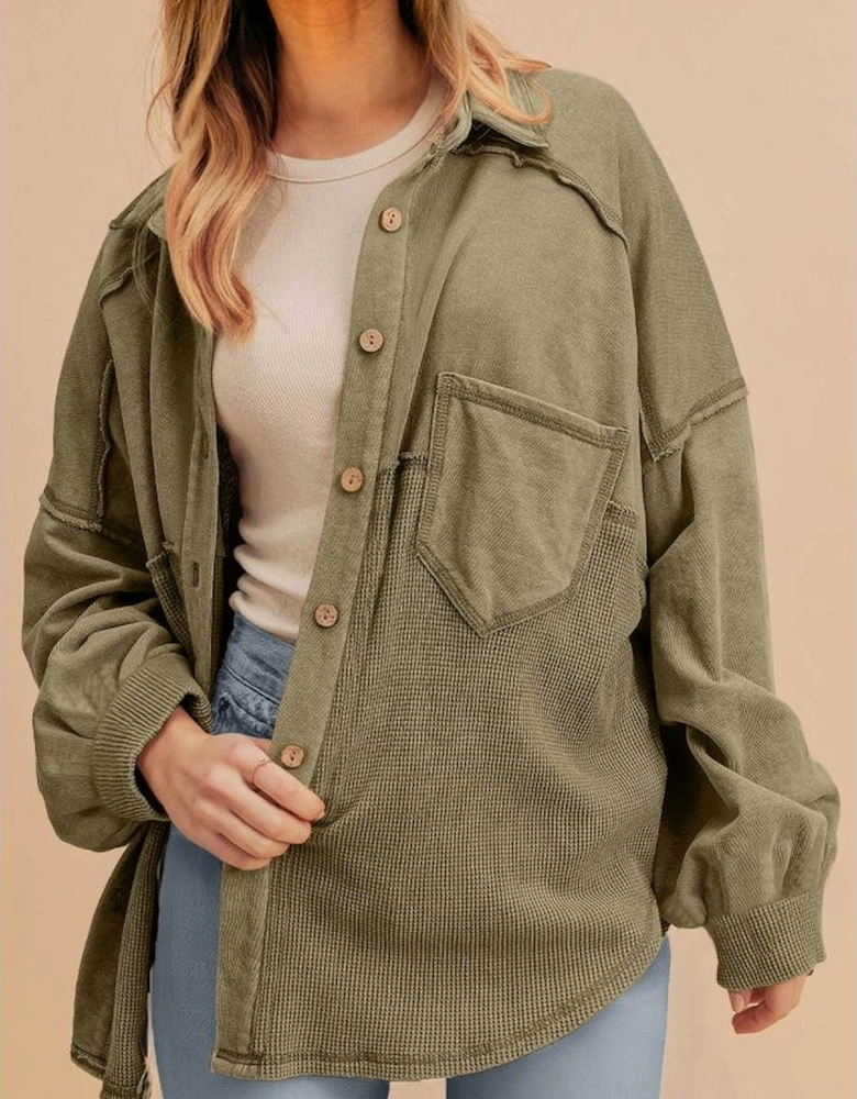 Moss Green Waffle Knit Patchwork Buttoned Oversized Shacket