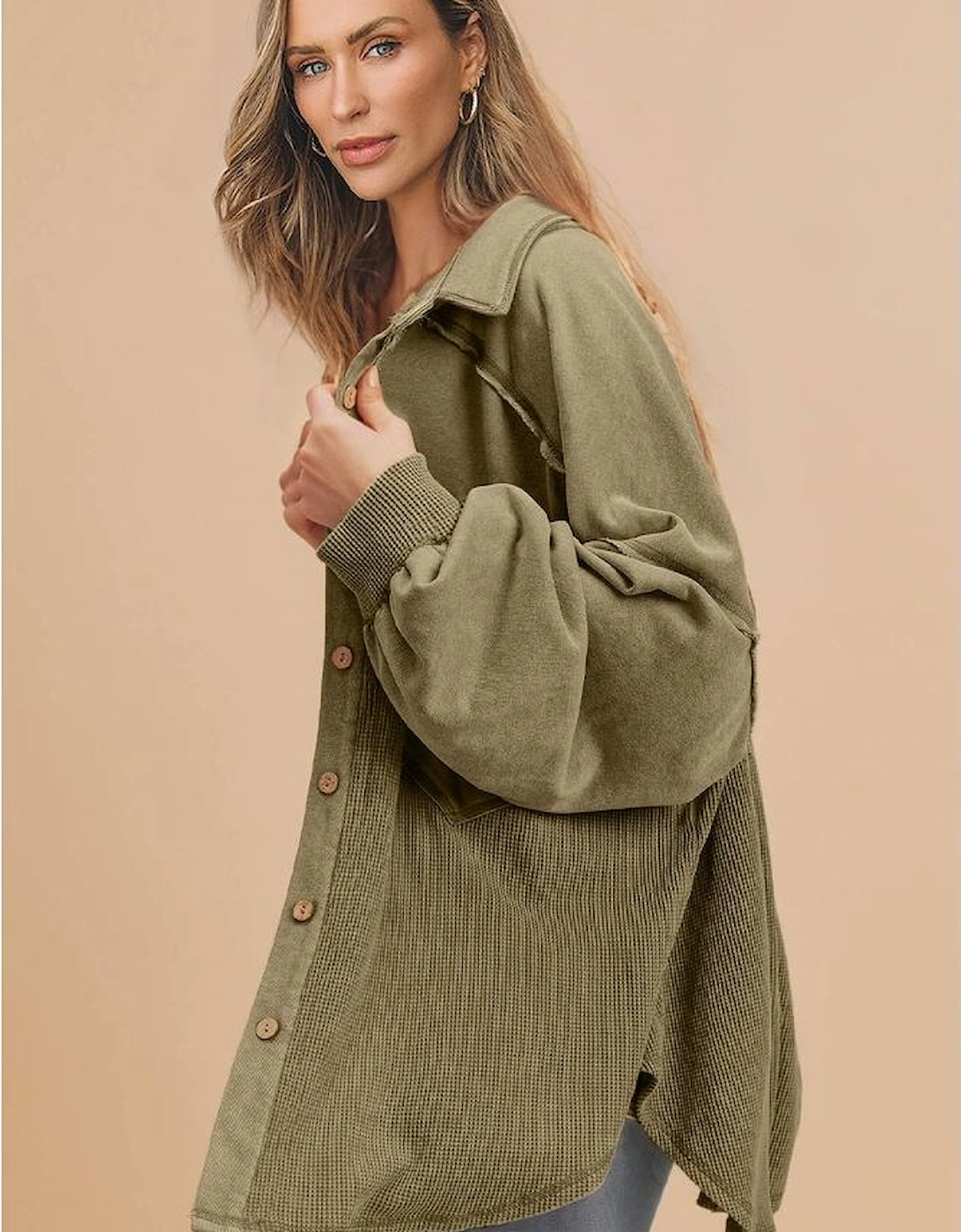 Moss Green Waffle Knit Patchwork Buttoned Oversized Shacket