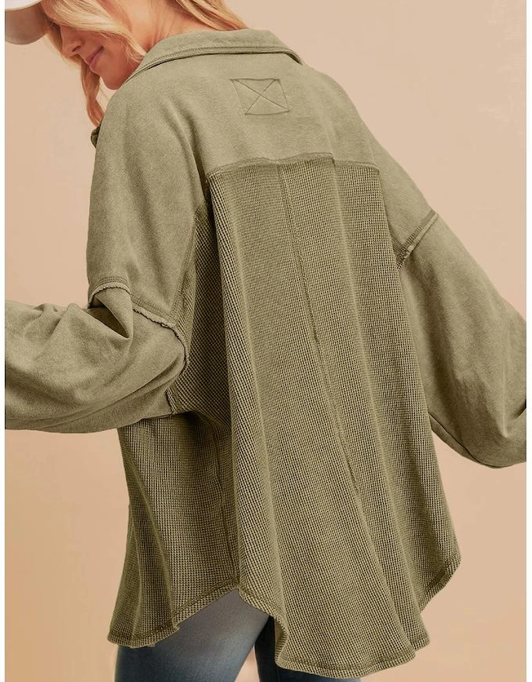 Moss Green Waffle Knit Patchwork Buttoned Oversized Shacket