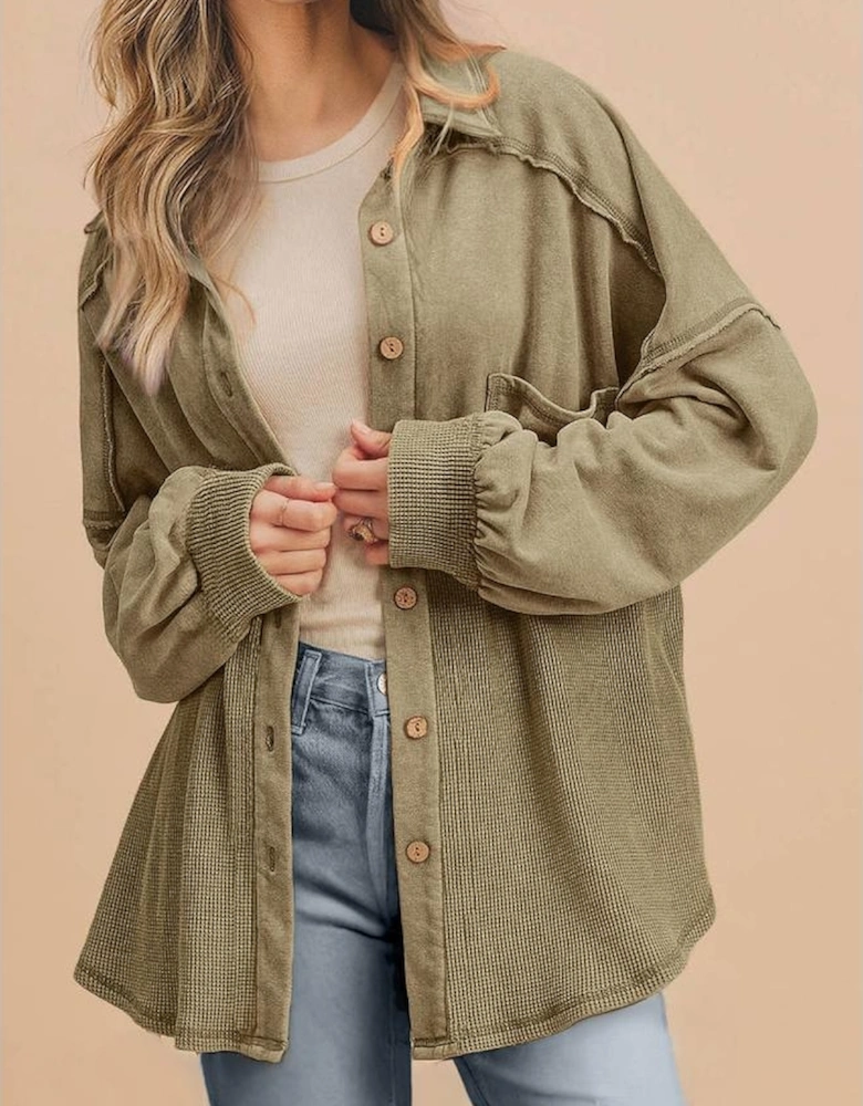 Moss Green Waffle Knit Patchwork Buttoned Oversized Shacket