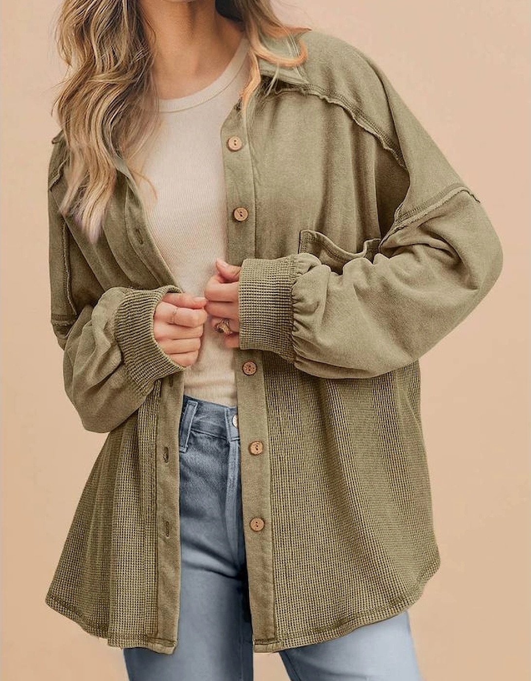 Moss Green Waffle Knit Patchwork Buttoned Oversized Shacket