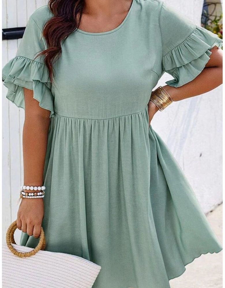 Grass Green Ruffle Trim Short Sleeve Plus Size Flared Mini Dress
