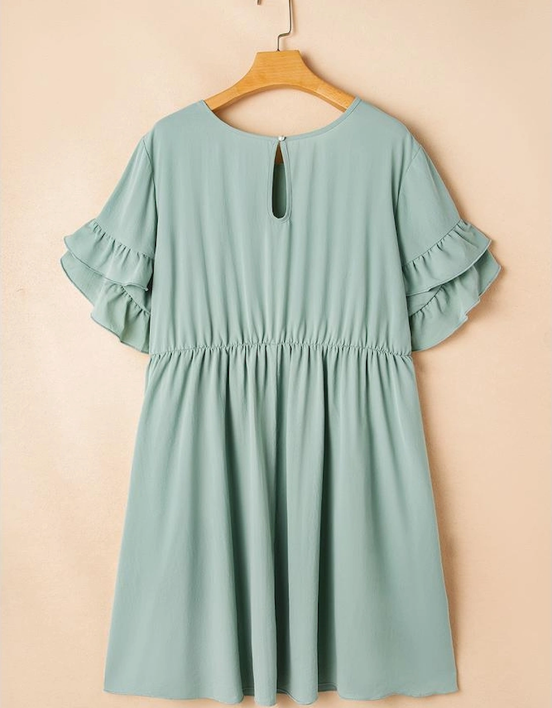 Grass Green Ruffle Trim Short Sleeve Plus Size Flared Mini Dress