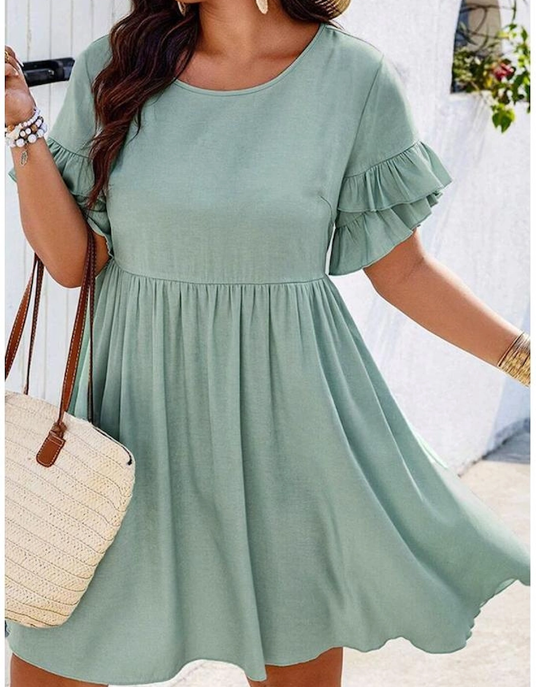 Grass Green Ruffle Trim Short Sleeve Plus Size Flared Mini Dress