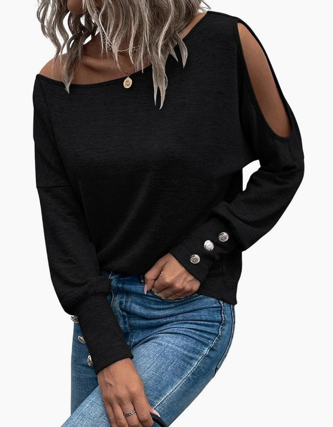 Black Asymmetrical Cut Out Buttoned Long Sleeve Top