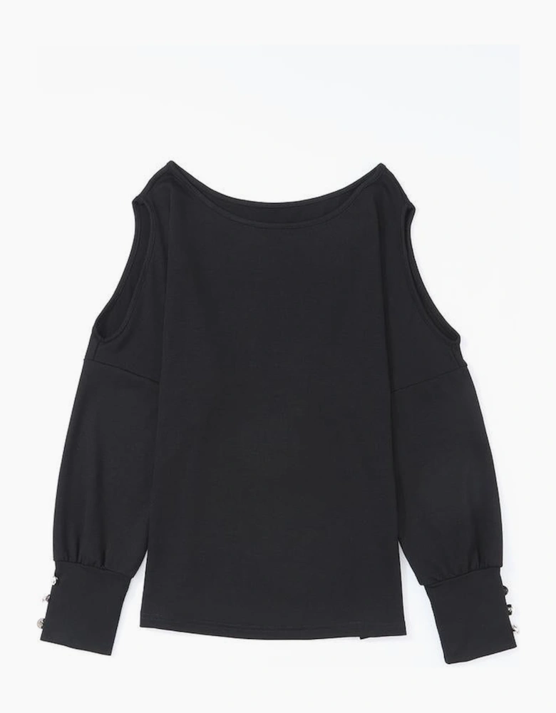 Black Asymmetrical Cut Out Buttoned Long Sleeve Top