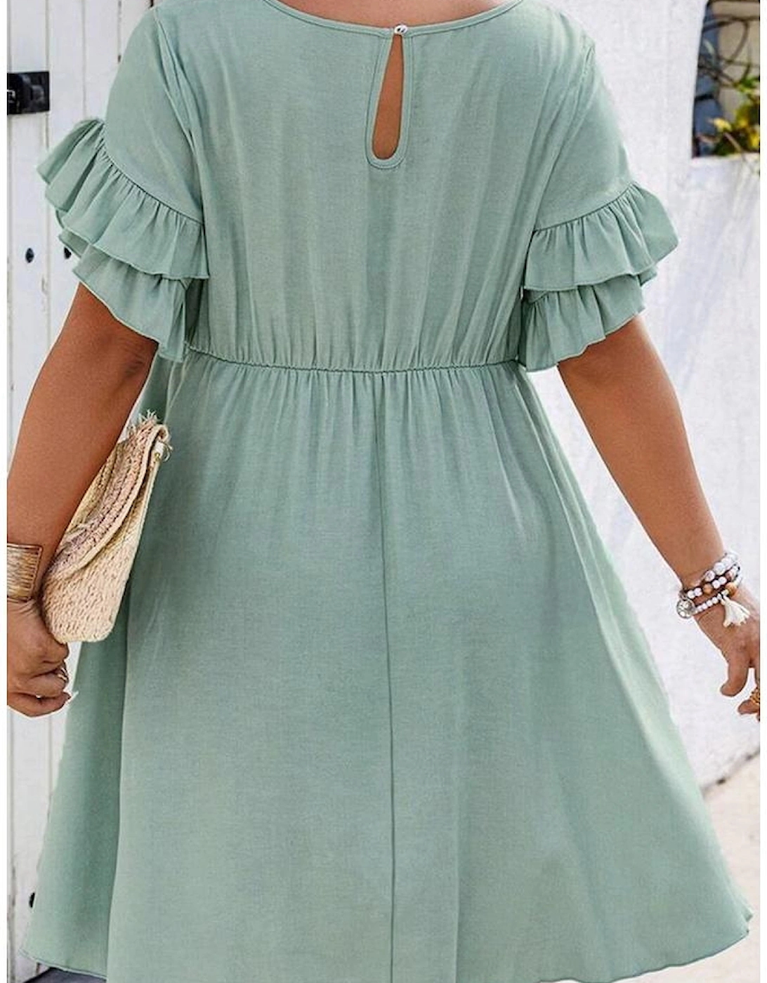 Grass Green Ruffle Trim Short Sleeve Plus Size Flared Mini Dress, 12 of 11