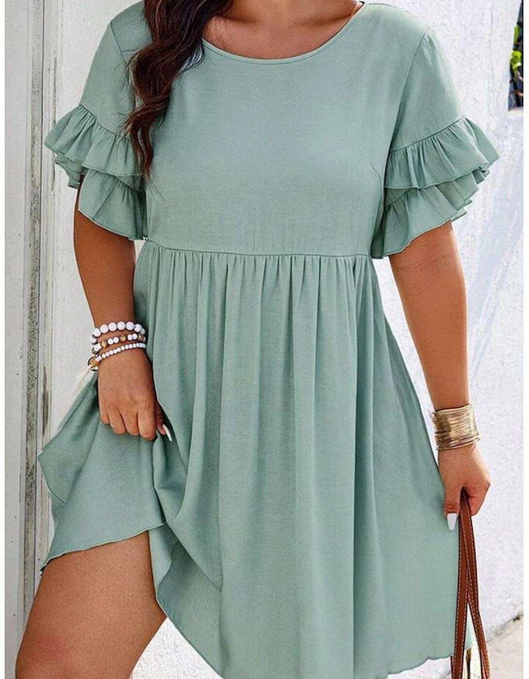 Grass Green Ruffle Trim Short Sleeve Plus Size Flared Mini Dress