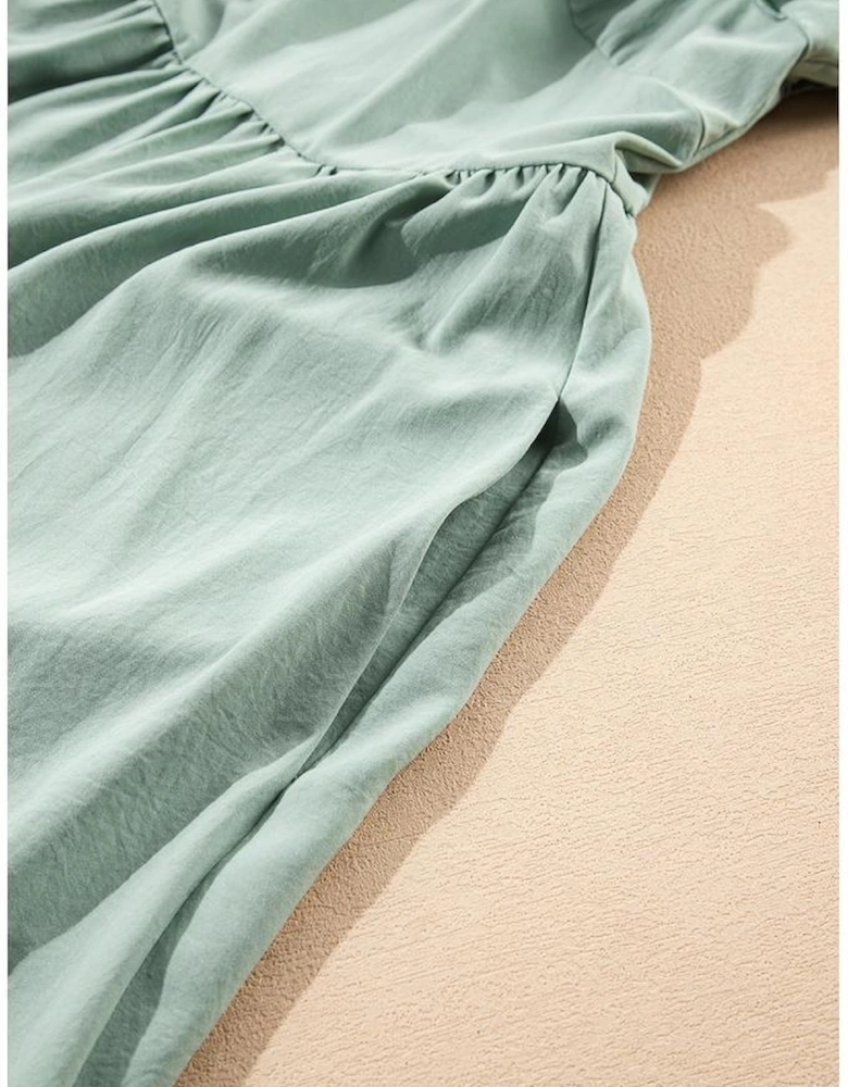 Grass Green Ruffle Trim Short Sleeve Plus Size Flared Mini Dress