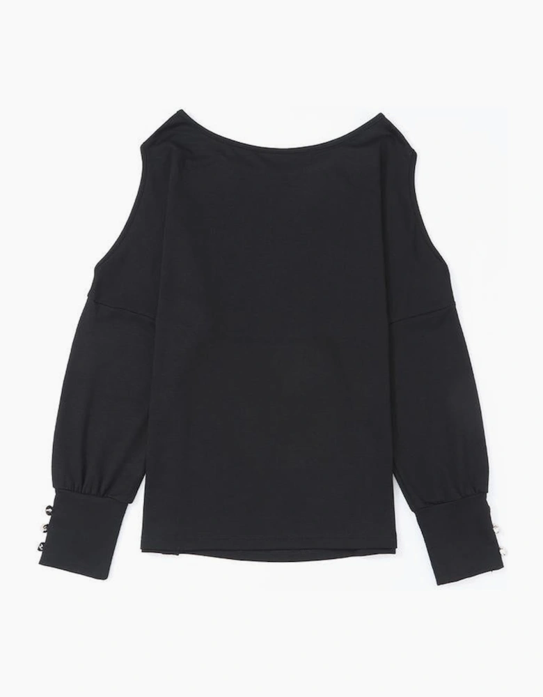 Black Asymmetrical Cut Out Buttoned Long Sleeve Top