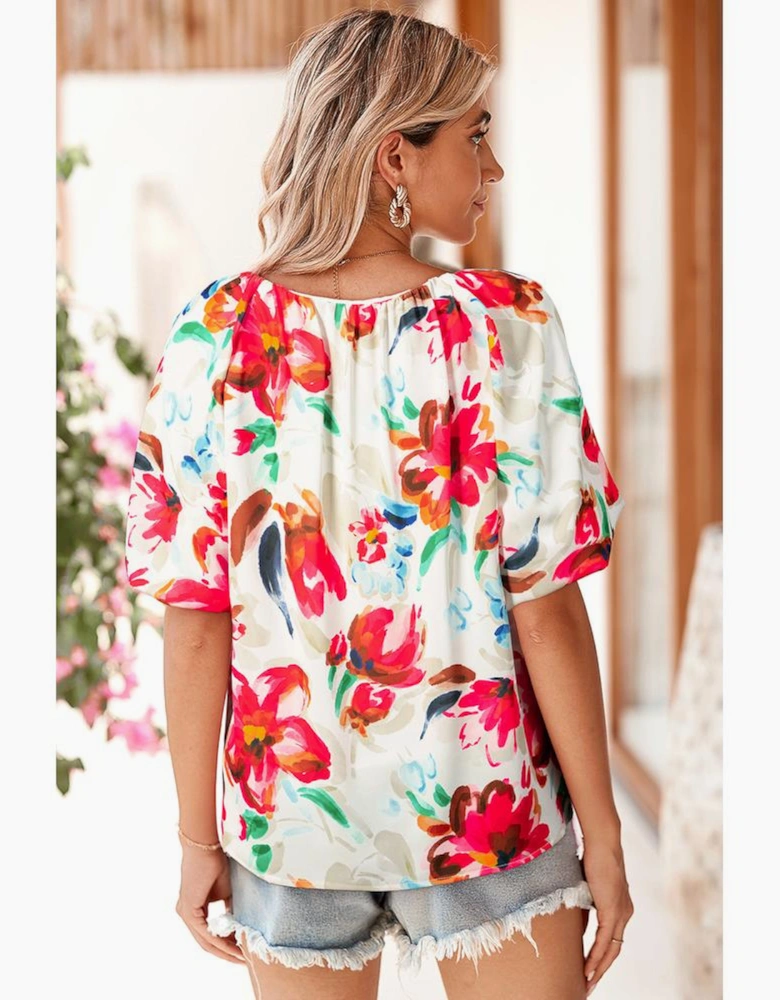 White Floral Print Puffy Half Sleeve Blouse