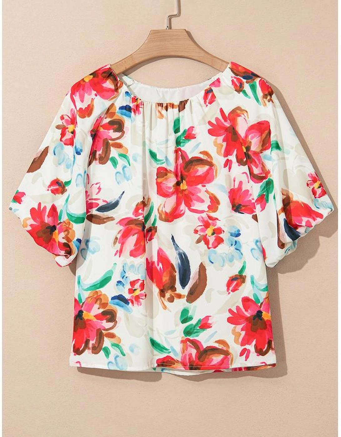 White Floral Print Puffy Half Sleeve Blouse