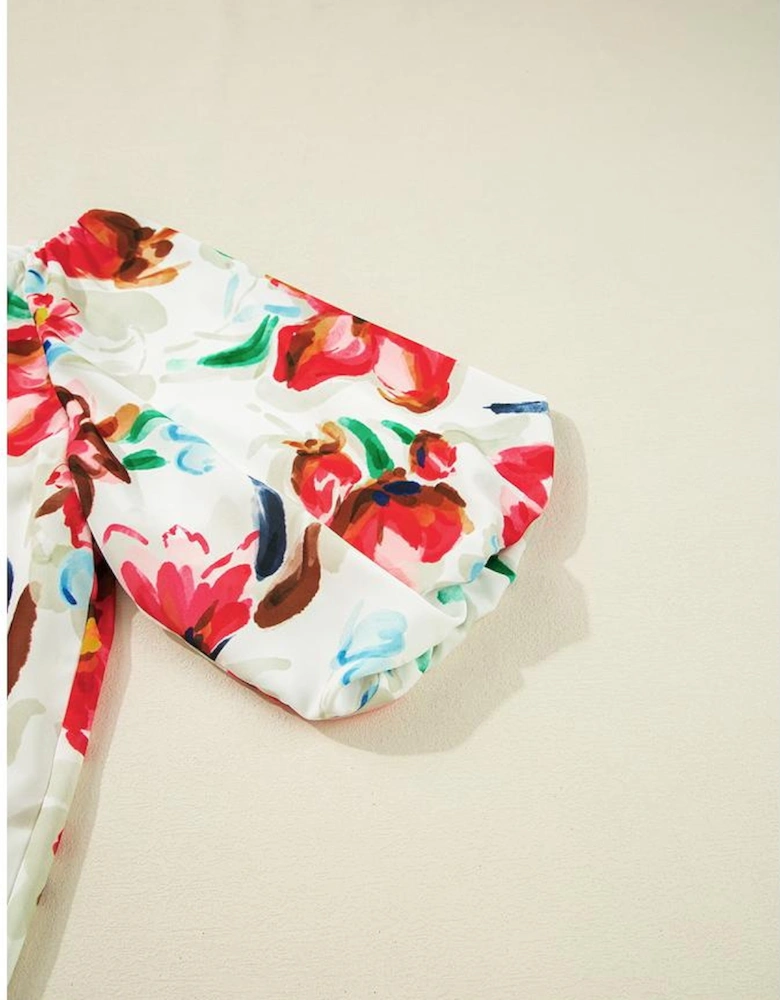 White Floral Print Puffy Half Sleeve Blouse