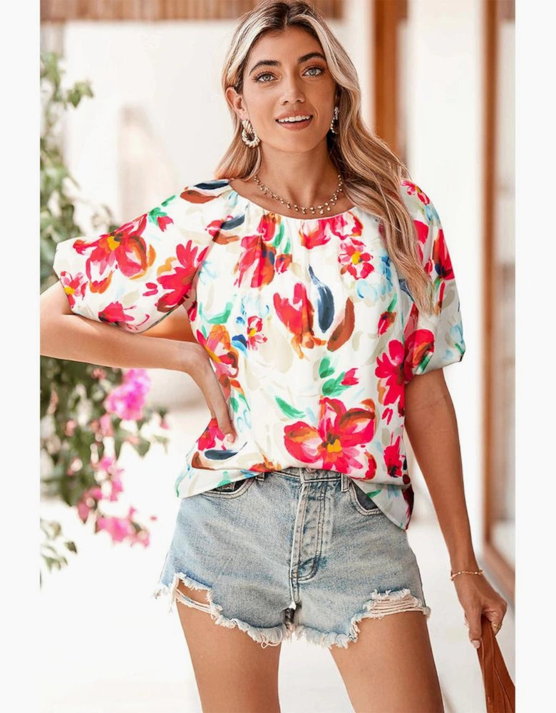 White Floral Print Puffy Half Sleeve Blouse