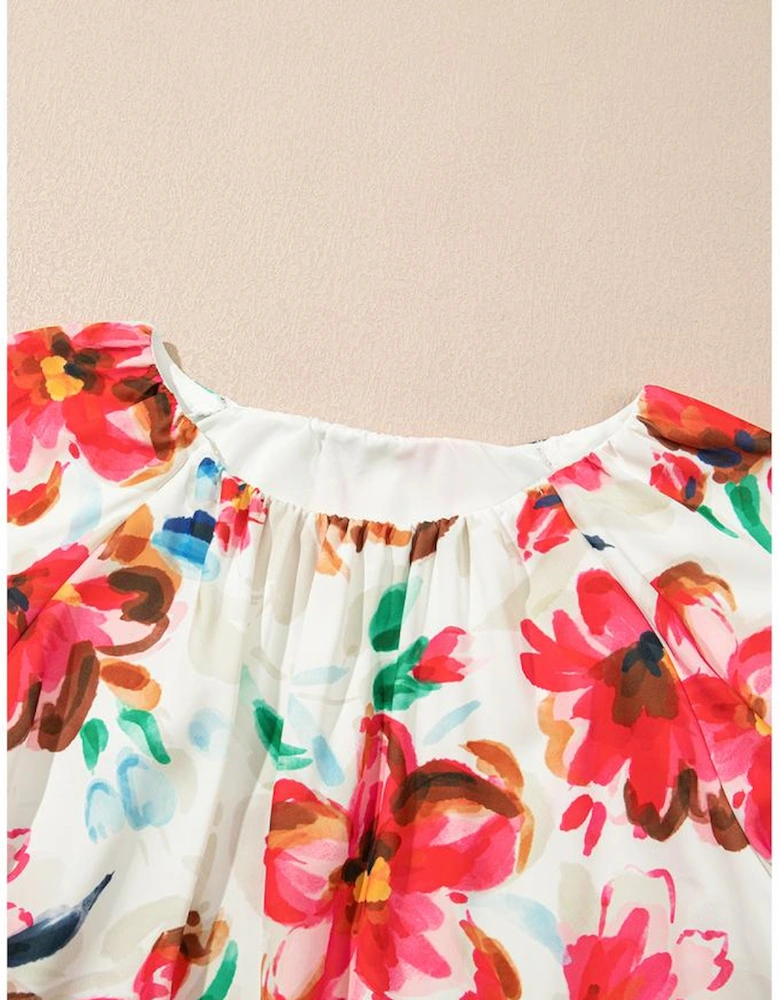 White Floral Print Puffy Half Sleeve Blouse