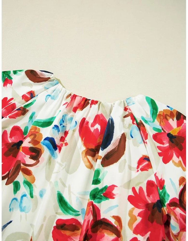 White Floral Print Puffy Half Sleeve Blouse