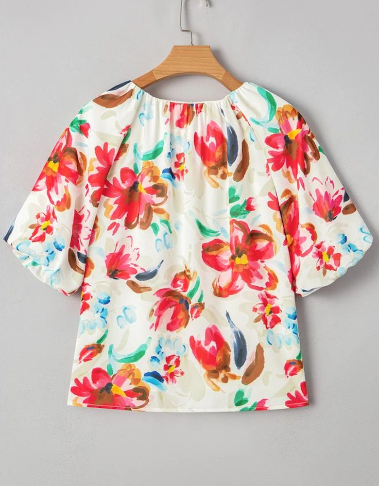 White Floral Print Puffy Half Sleeve Blouse