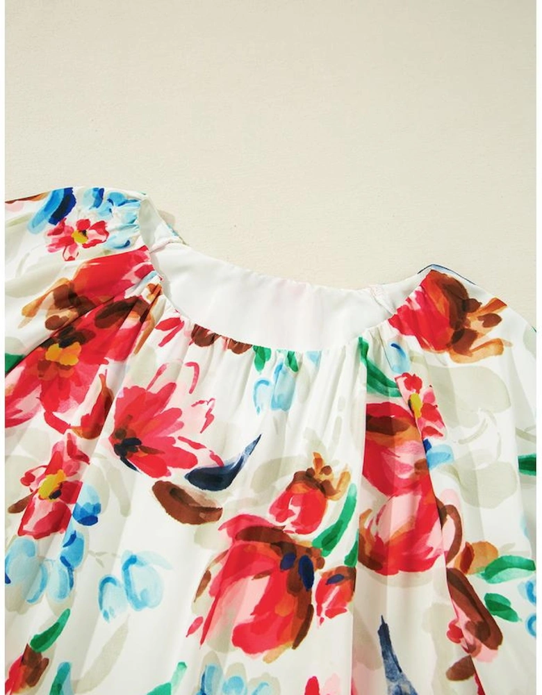 White Floral Print Puffy Half Sleeve Blouse