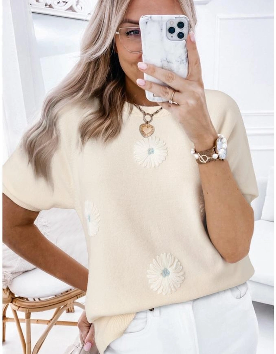 Beige Flower Pattern Short Sleeve Knitted Top, 14 of 13