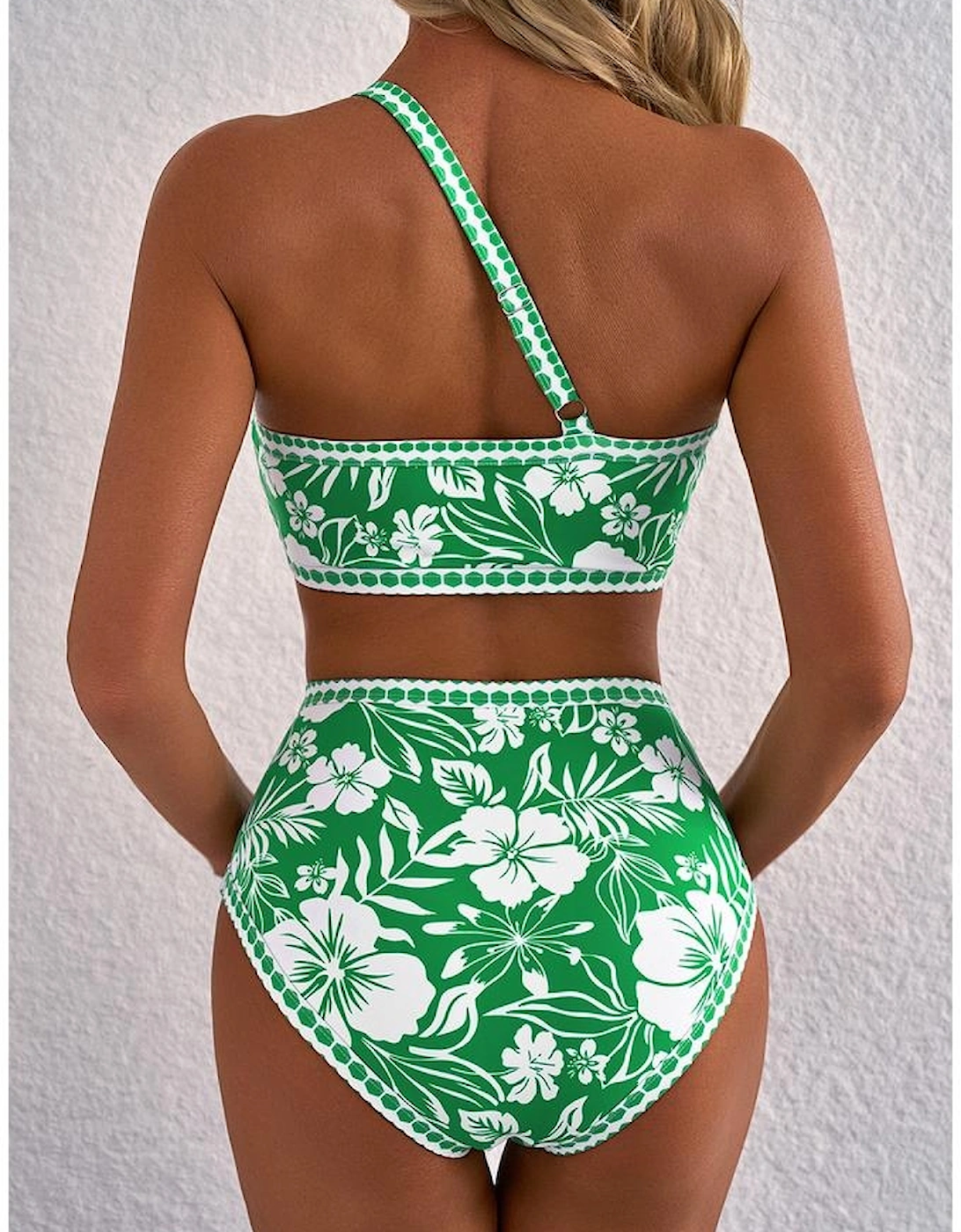 Green Floral Print One Shoulder High Waist Bikini Set, 16 of 15