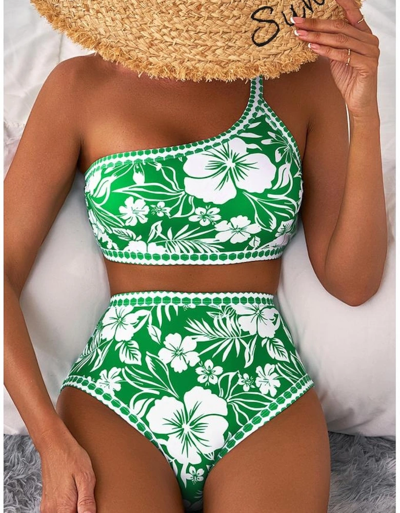 Green Floral Print One Shoulder High Waist Bikini Set