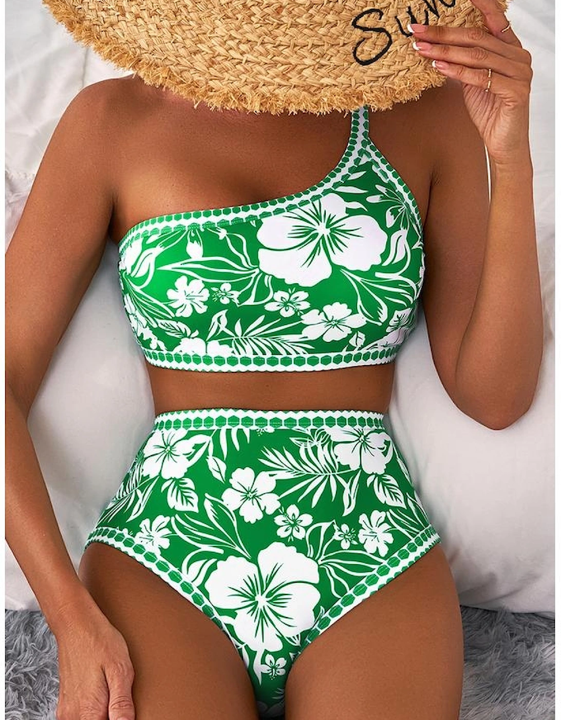 Green Floral Print One Shoulder High Waist Bikini Set