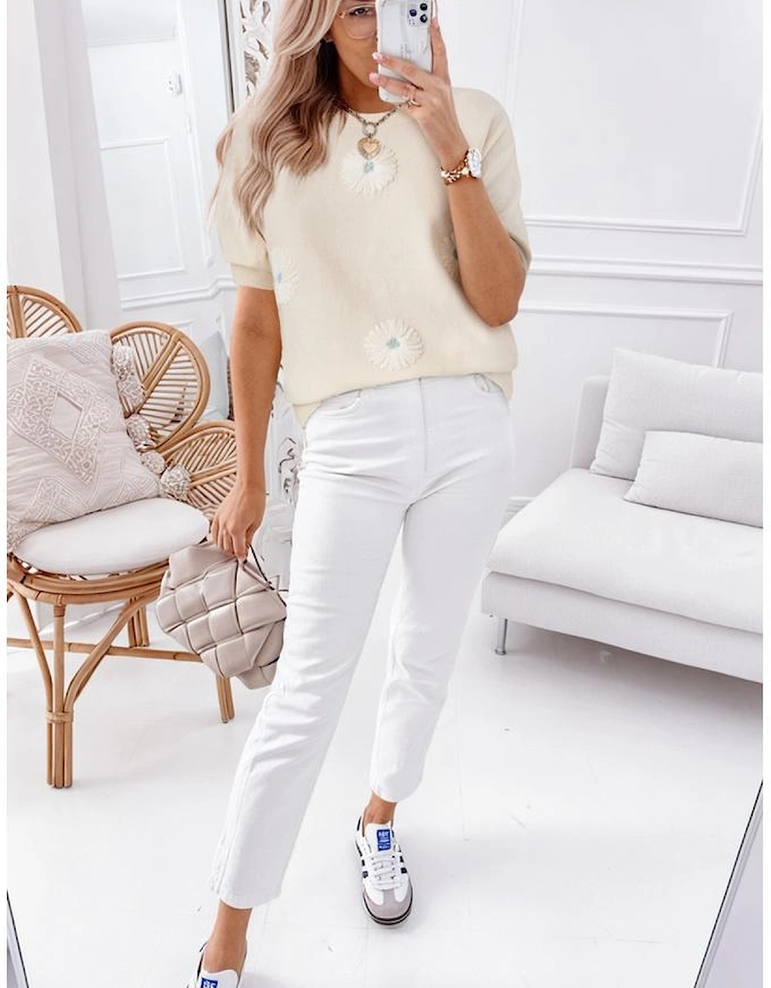 Beige Flower Pattern Short Sleeve Knitted Top