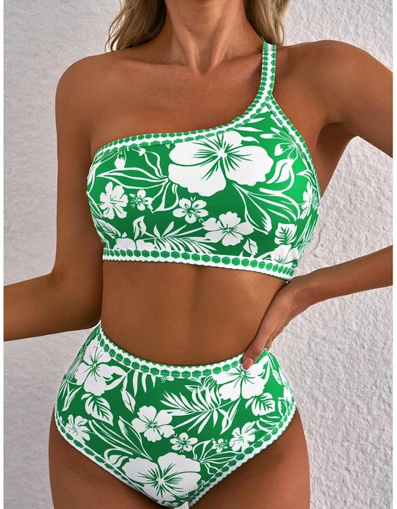 Green Floral Print One Shoulder High Waist Bikini Set