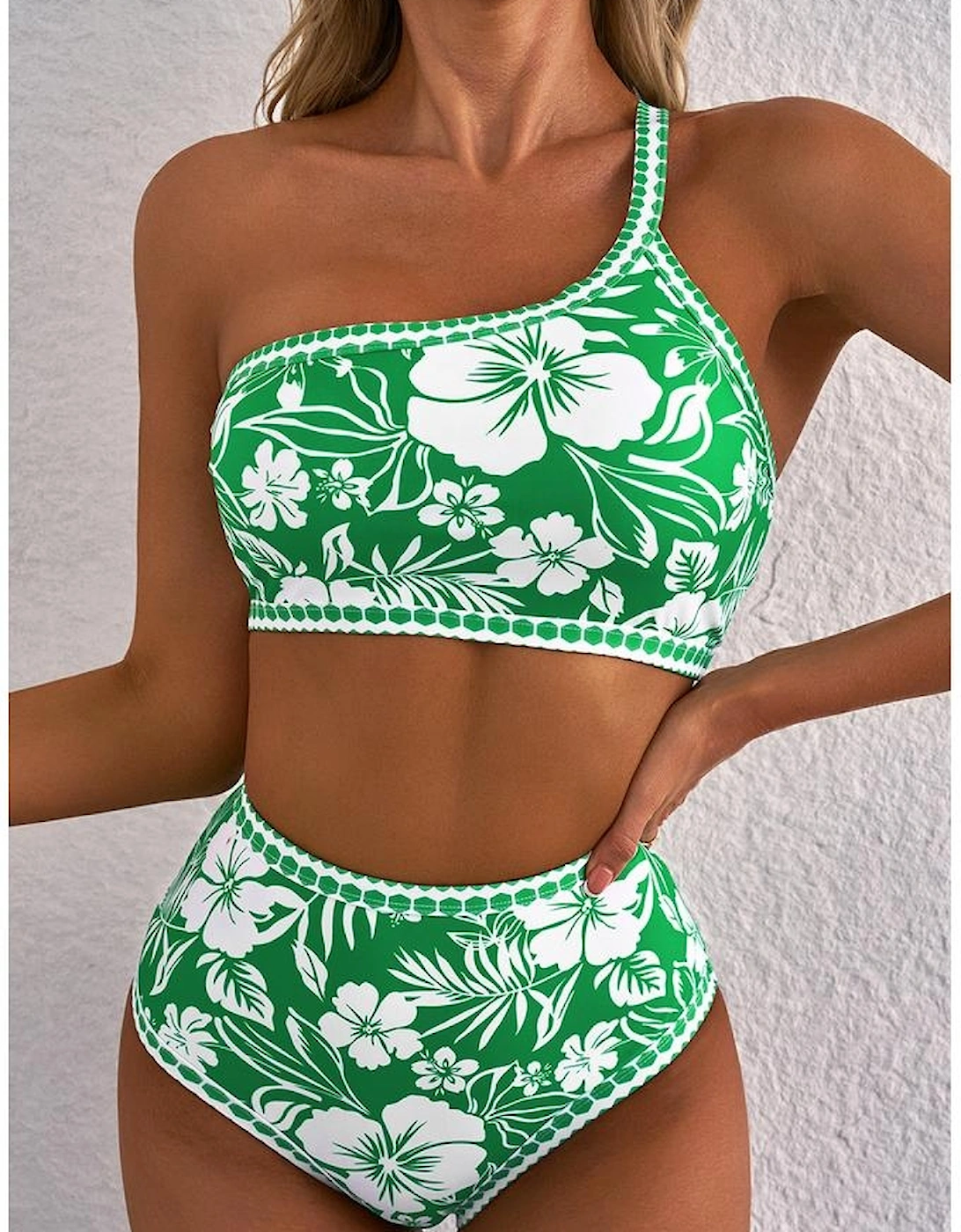 Green Floral Print One Shoulder High Waist Bikini Set