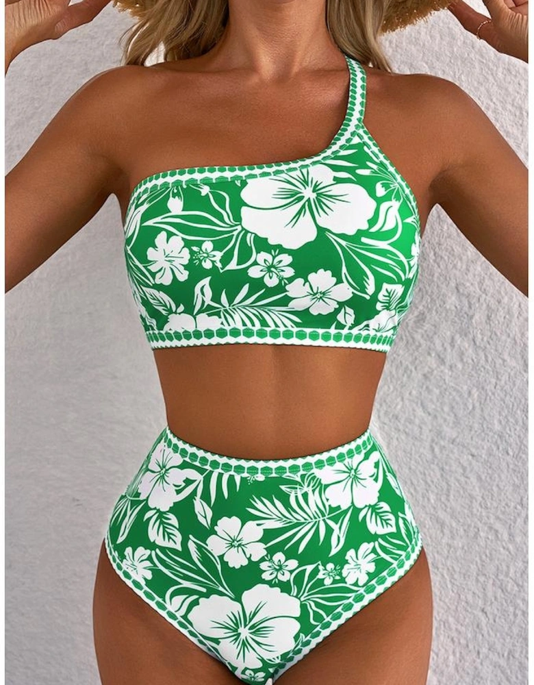 Green Floral Print One Shoulder High Waist Bikini Set