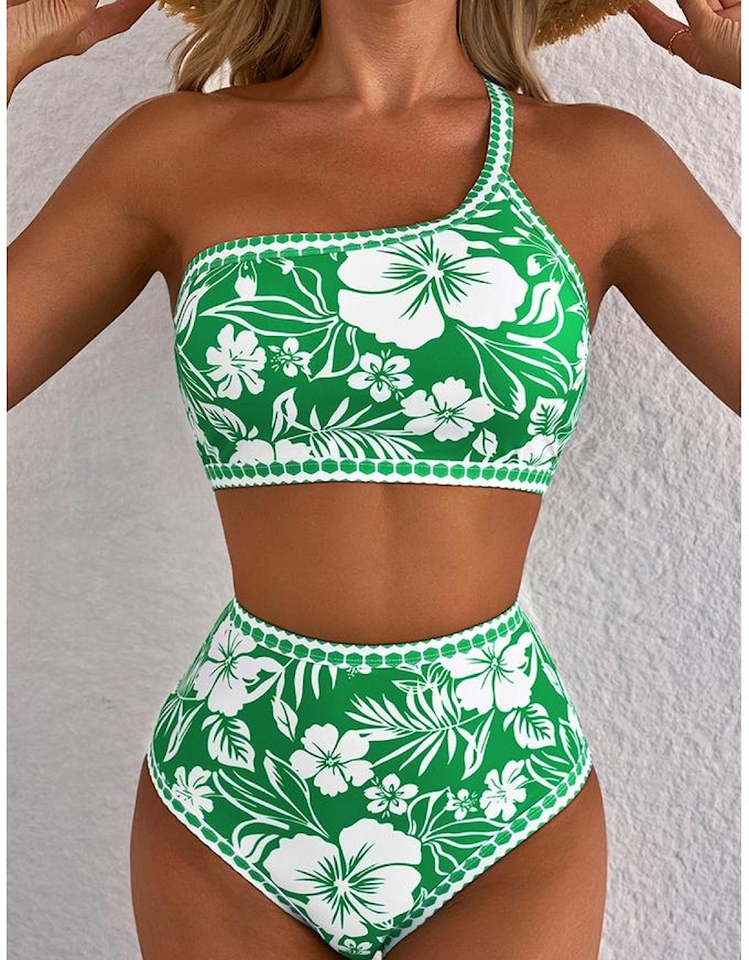 Green Floral Print One Shoulder High Waist Bikini Set
