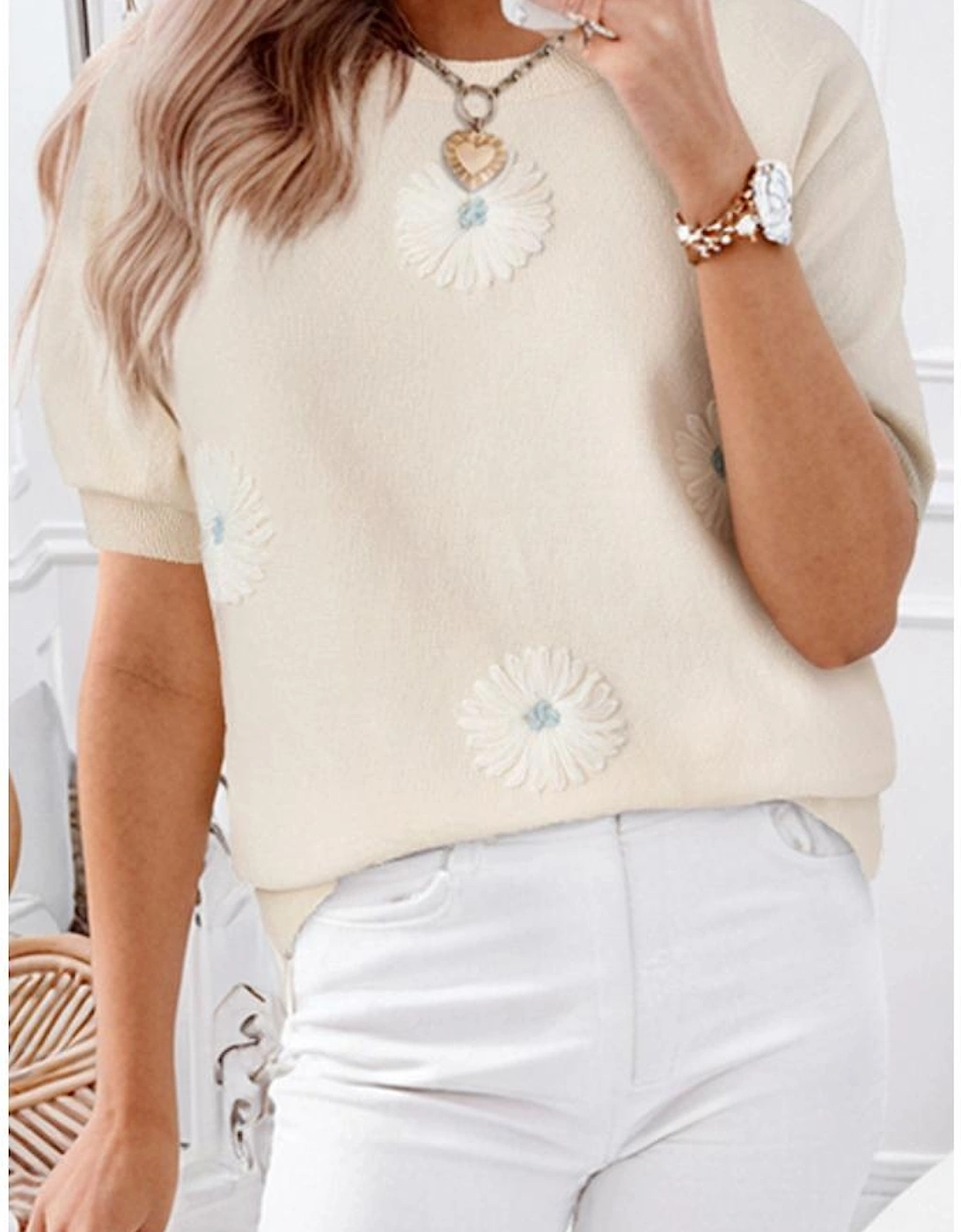 Beige Flower Pattern Short Sleeve Knitted Top