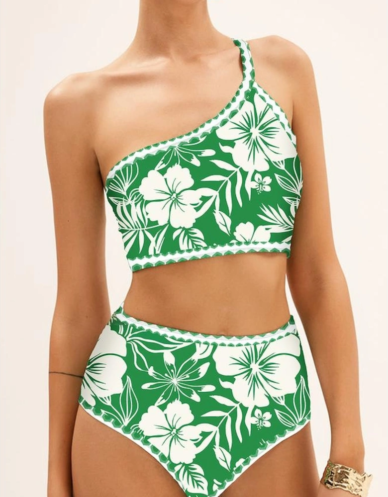 Green Floral Print One Shoulder High Waist Bikini Set
