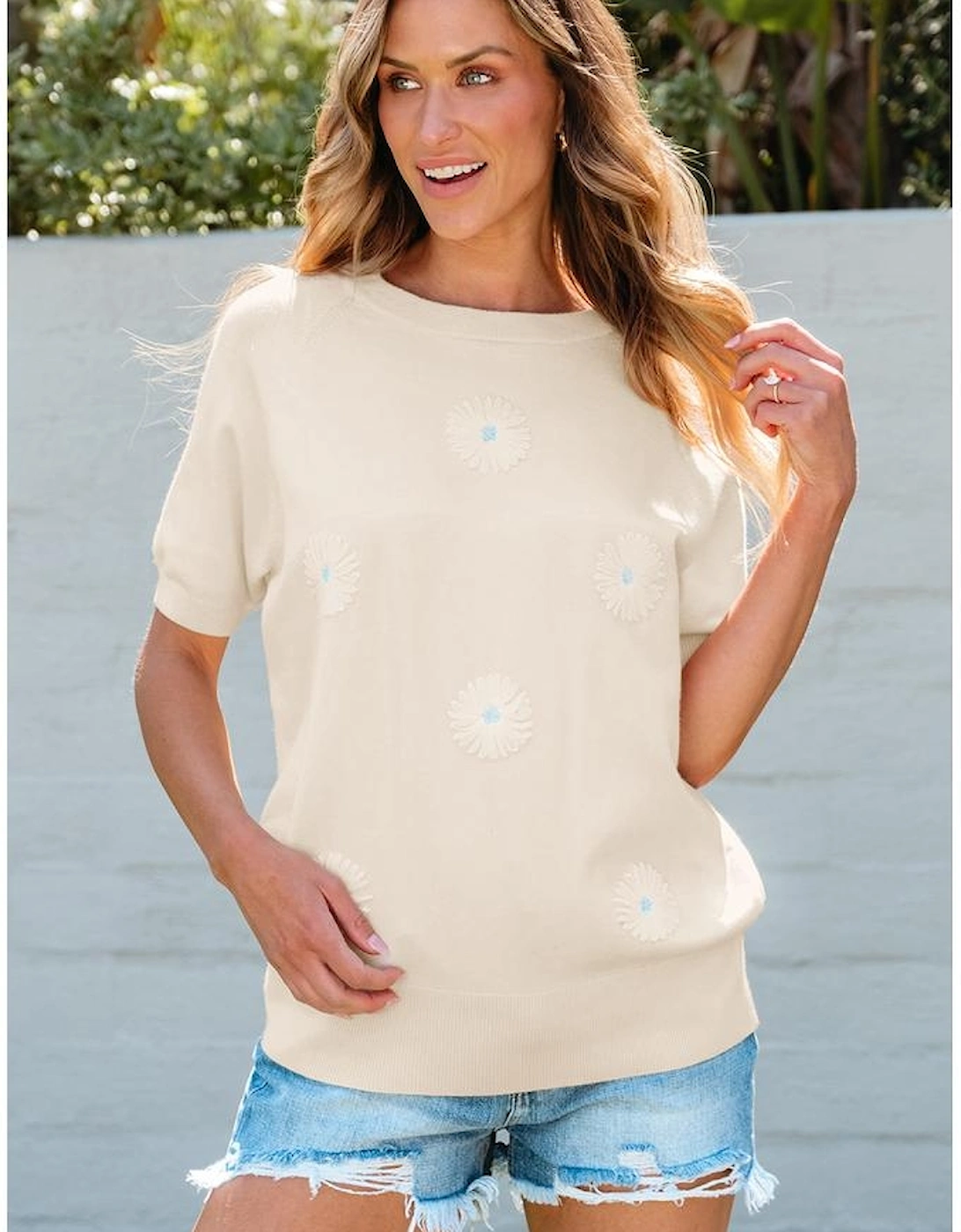 Beige Flower Pattern Short Sleeve Knitted Top