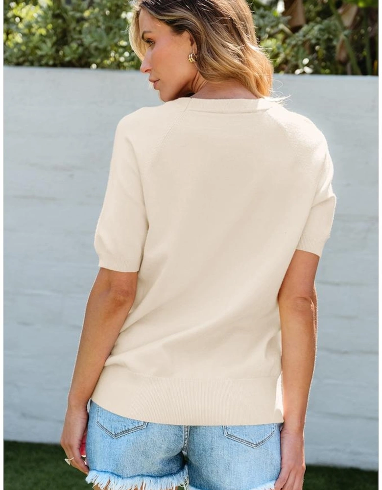 Beige Flower Pattern Short Sleeve Knitted Top