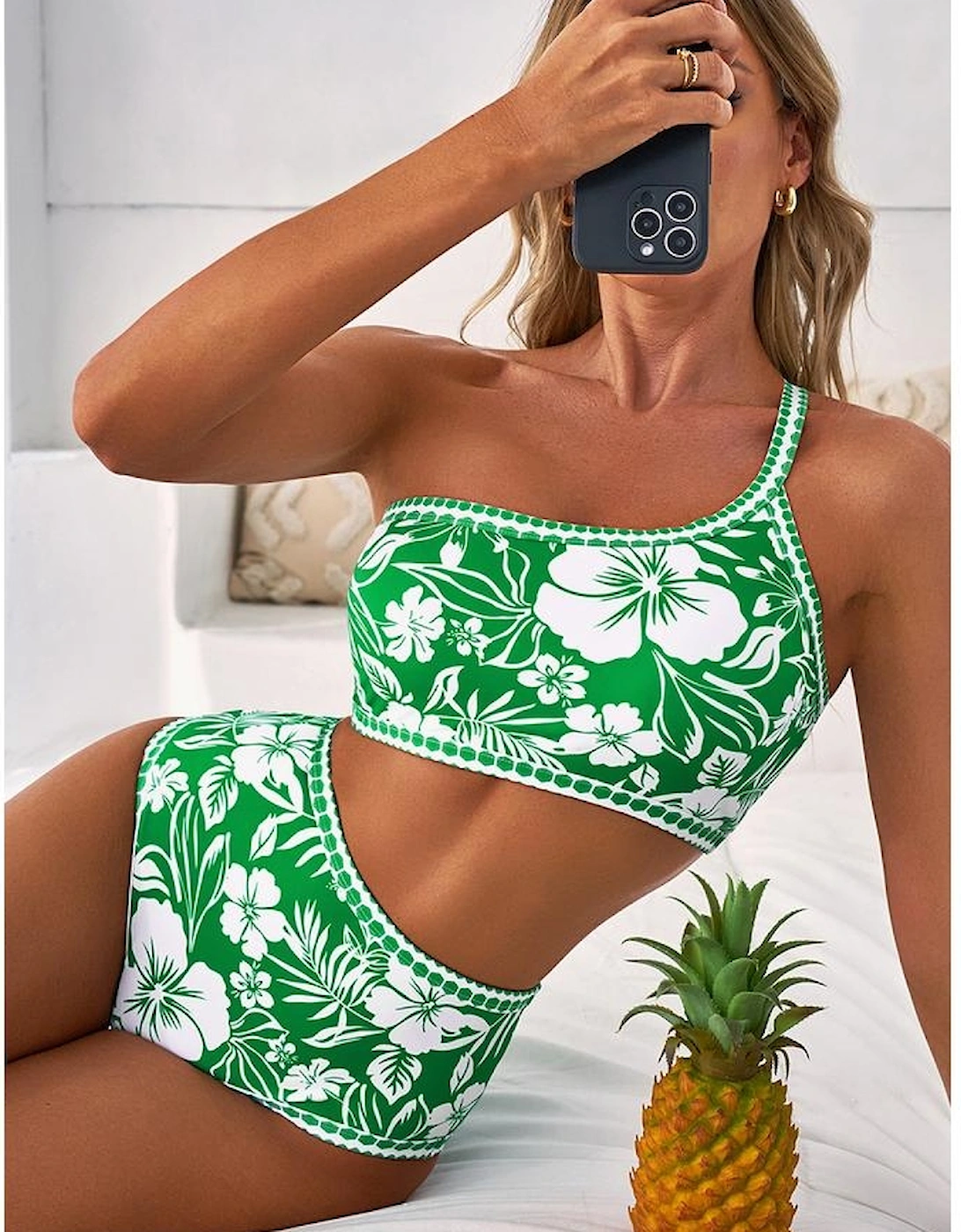 Green Floral Print One Shoulder High Waist Bikini Set